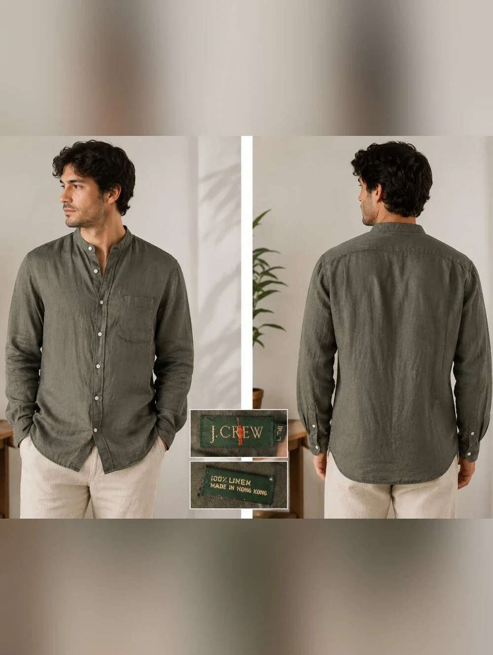 J.Crew Vintage 100% Linen Band Collar Shirt Men's Large Tall L Olive Green